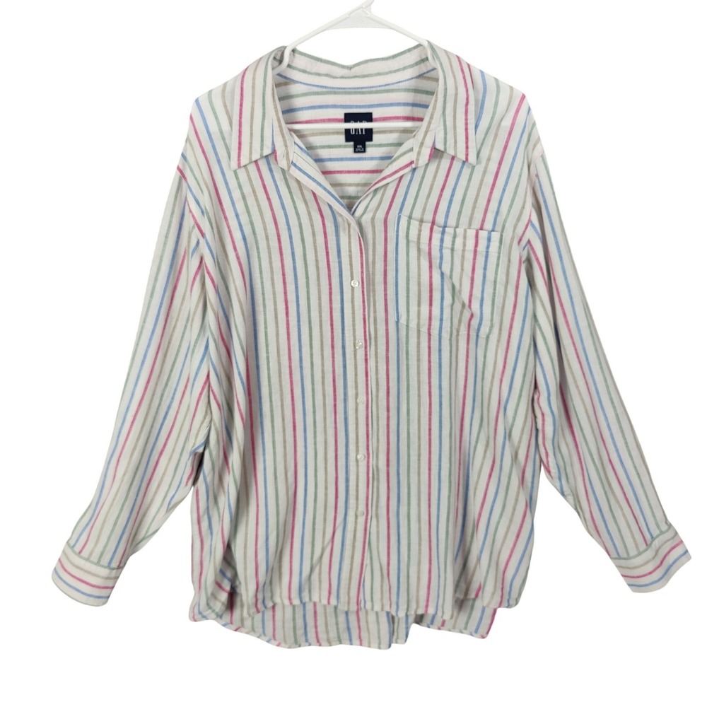 GAP Womens Coastal Preppy Rainbow Linen Blend Button Up Top XXL White Stripe